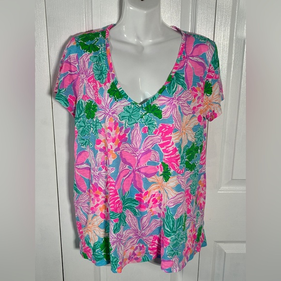 Lilly Pulitzer Etta V-Neck Cotton Tee Tigers Lair Floral Colorful - Picture 4 of 10